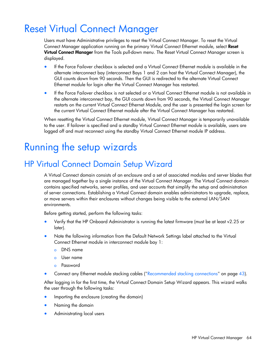 Reset virtual connect manager, Running the setup wizards, Hp virtual connect domain setup wizard | Wizard, Hp virtual connect domain, Setup wizard, On p | HP Virtual Connect 1.10Gb-F Ethernet Module for c-Class BladeSystem User Manual | Page 64 / 242
