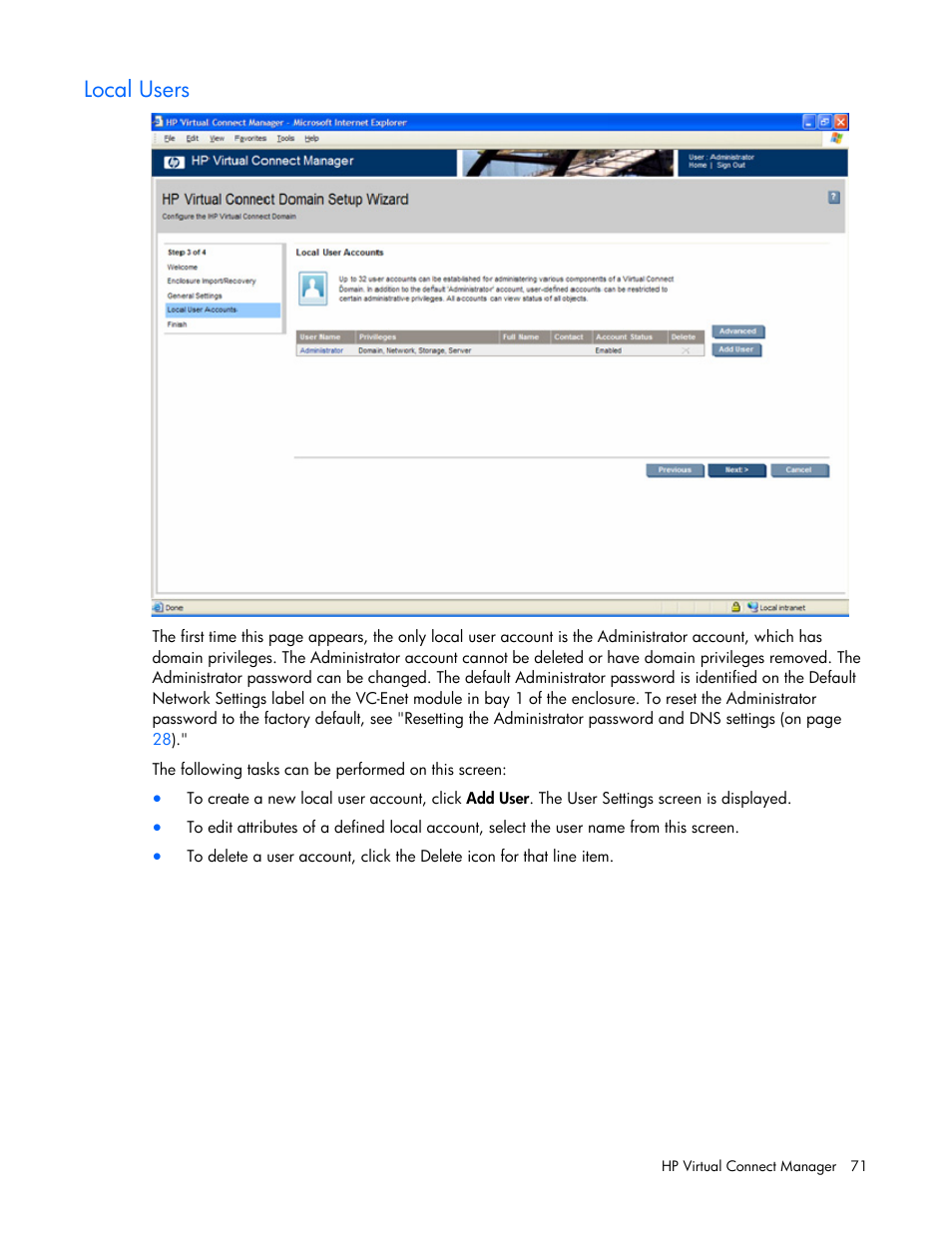 Local users | HP Virtual Connect 1.10Gb-F Ethernet Module for c-Class BladeSystem User Manual | Page 71 / 242