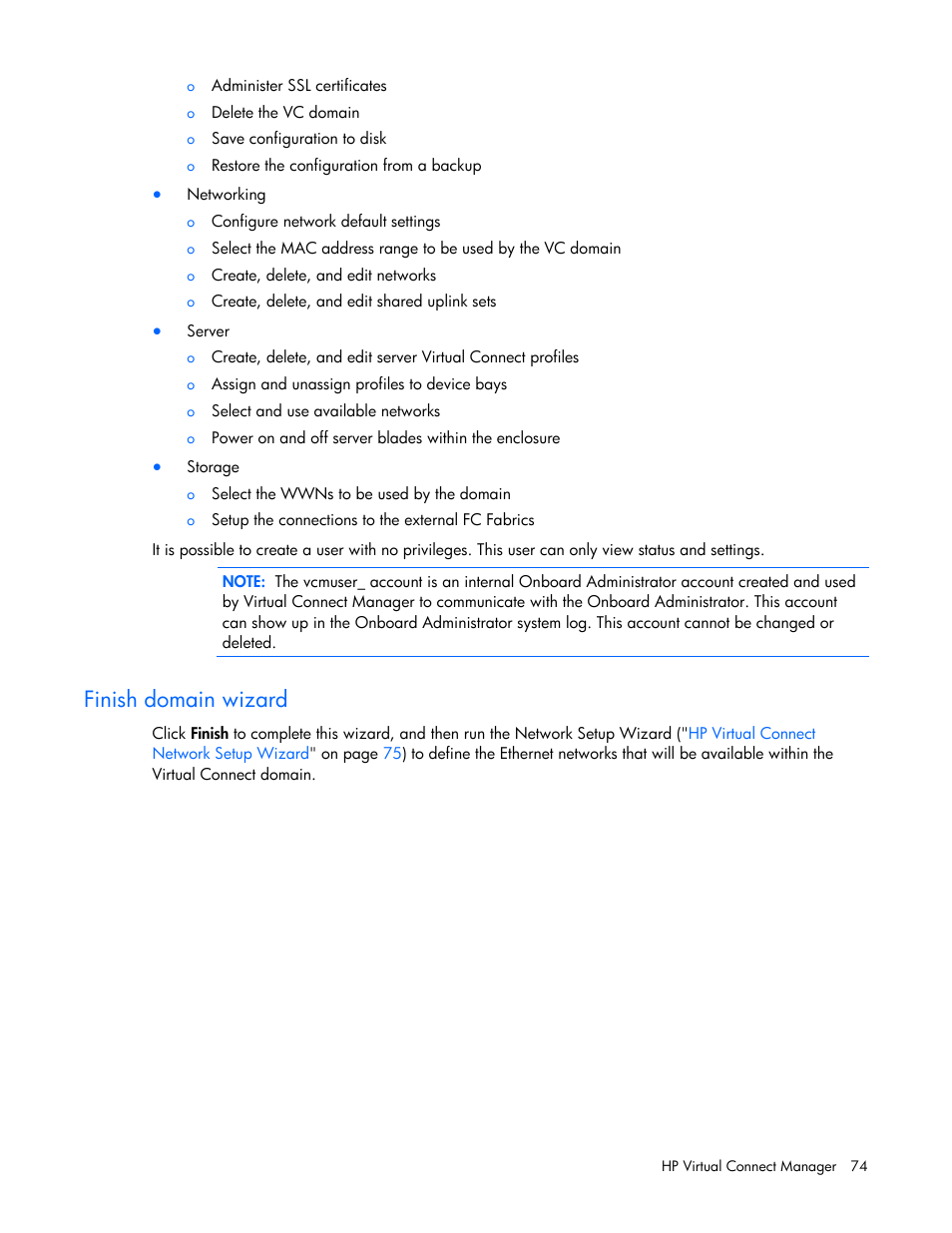 Finish domain wizard | HP Virtual Connect 1.10Gb-F Ethernet Module for c-Class BladeSystem User Manual | Page 74 / 242