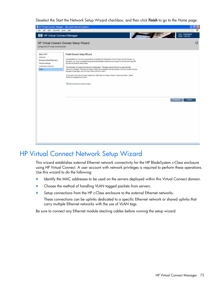 Hp virtual connect network setup wizard, P wizard, Wizard | Hp virtual connect network, Setup wizard, On p, Hp virtual connect, Network setup wizard, To define th | HP Virtual Connect 1.10Gb-F Ethernet Module for c-Class BladeSystem User Manual | Page 75 / 242
