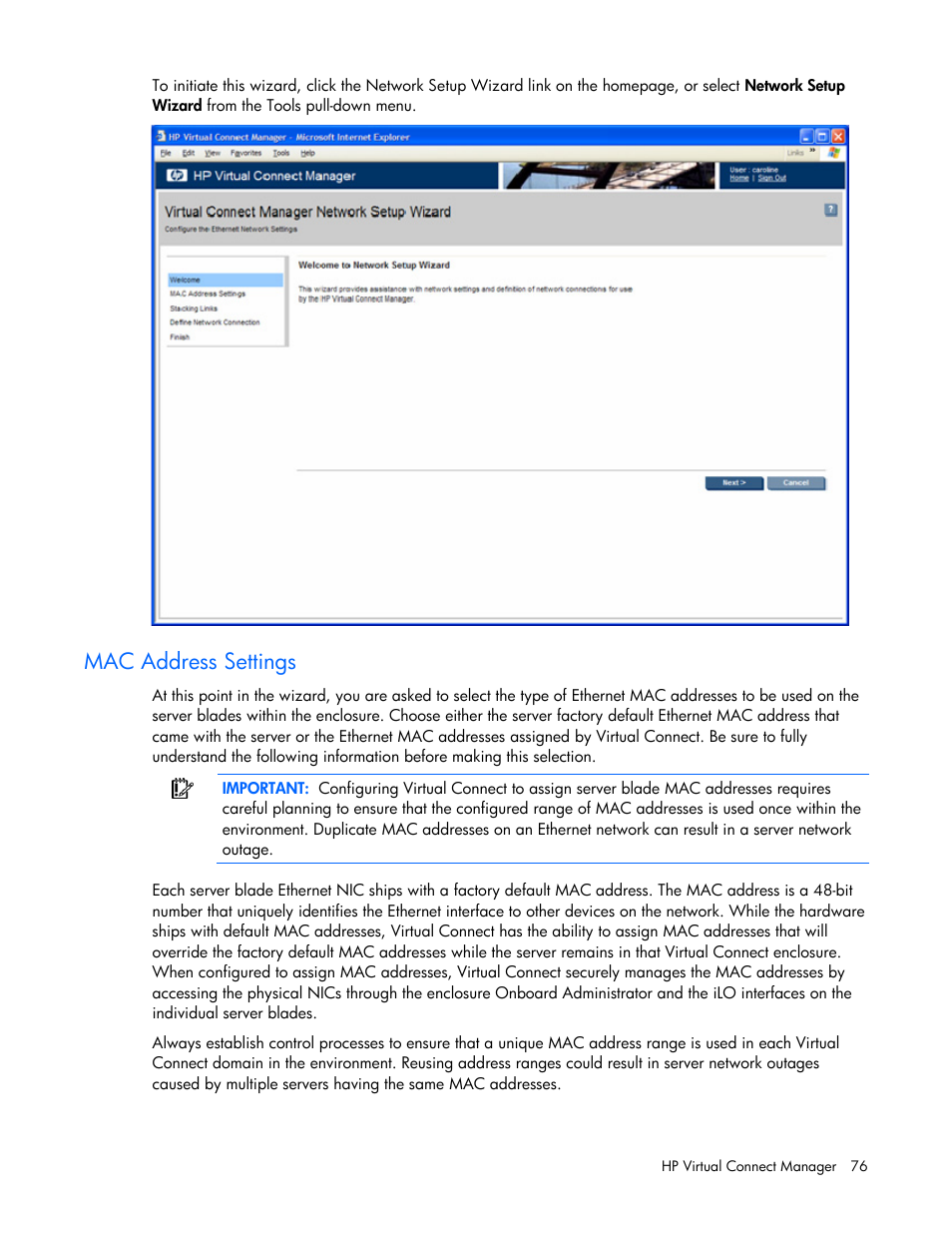 Mac address settings | HP Virtual Connect 1.10Gb-F Ethernet Module for c-Class BladeSystem User Manual | Page 76 / 242