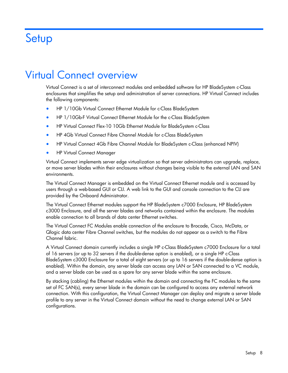 Setup, Virtual connect overview | HP Virtual Connect 1.10Gb-F Ethernet Module for c-Class BladeSystem User Manual | Page 8 / 242