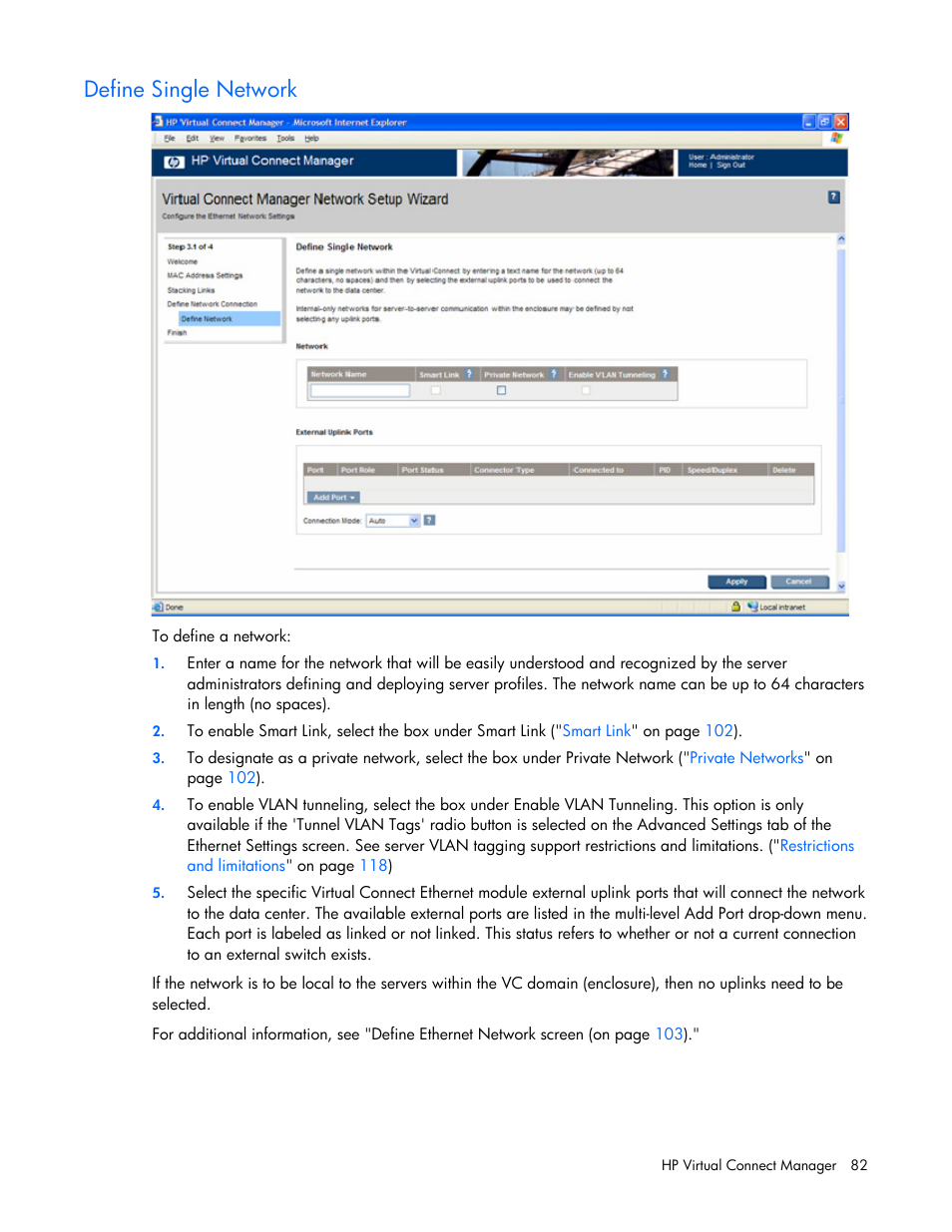 Define single network | HP Virtual Connect 1.10Gb-F Ethernet Module for c-Class BladeSystem User Manual | Page 82 / 242