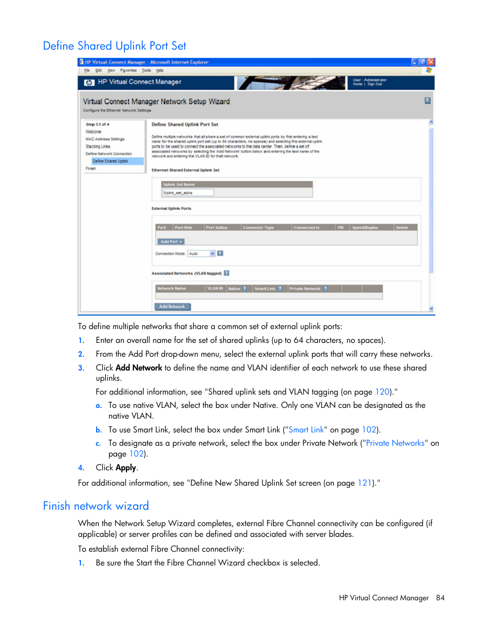 Define shared uplink port set, Finish network wizard, Le networks (using vlan tagging) | Define shared uplink, Port set | HP Virtual Connect 1.10Gb-F Ethernet Module for c-Class BladeSystem User Manual | Page 84 / 242