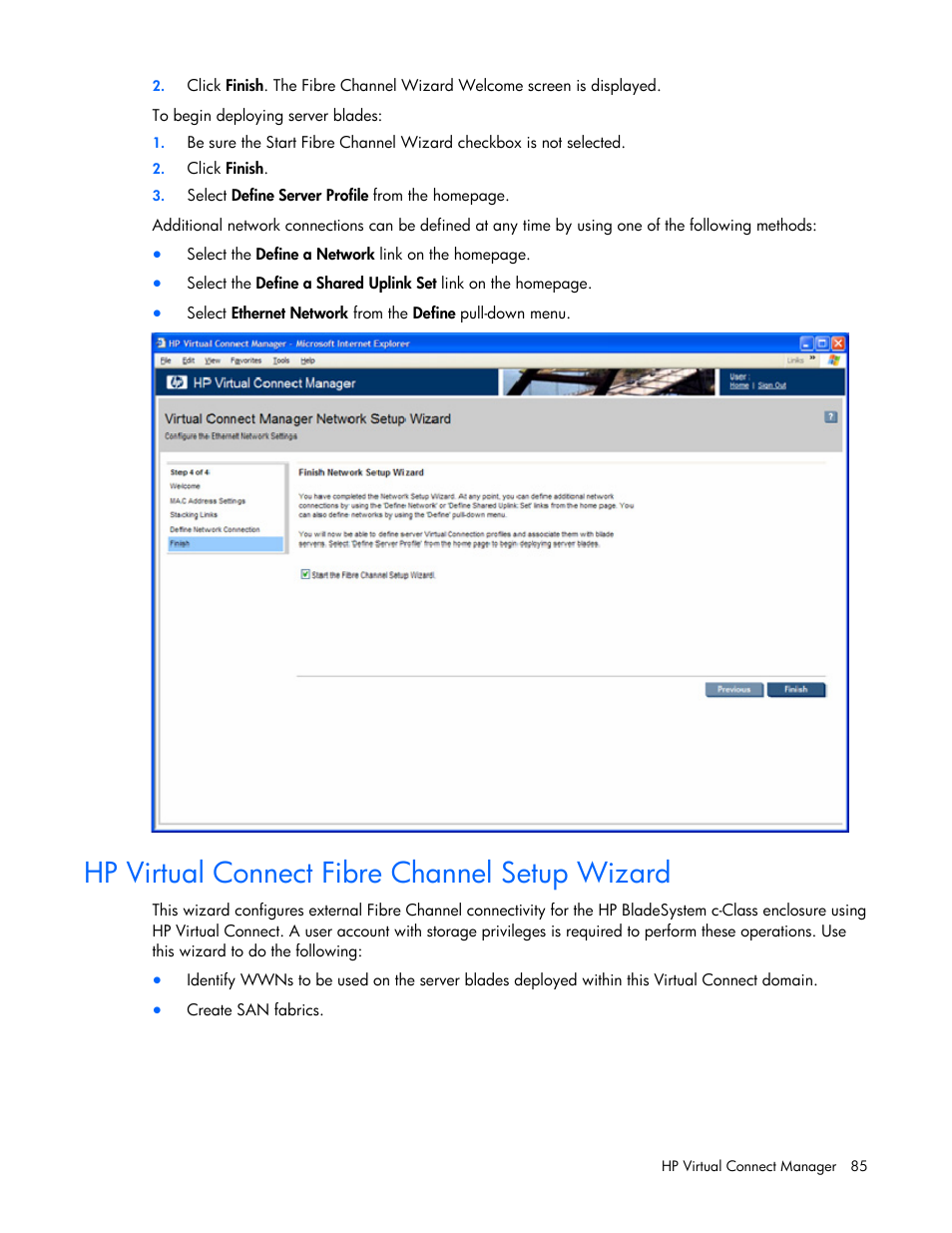 Hp virtual connect fibre channel setup wizard, P wizard, Hp virtual connect fibre | Channel setup wizard | HP Virtual Connect 1.10Gb-F Ethernet Module for c-Class BladeSystem User Manual | Page 85 / 242