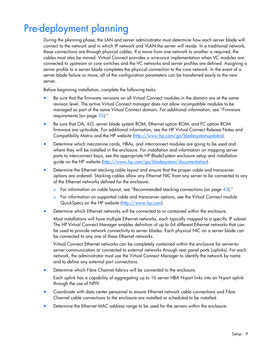 Pre-deployment planning | HP Virtual Connect 1.10Gb-F Ethernet Module for c-Class BladeSystem User Manual | Page 9 / 242