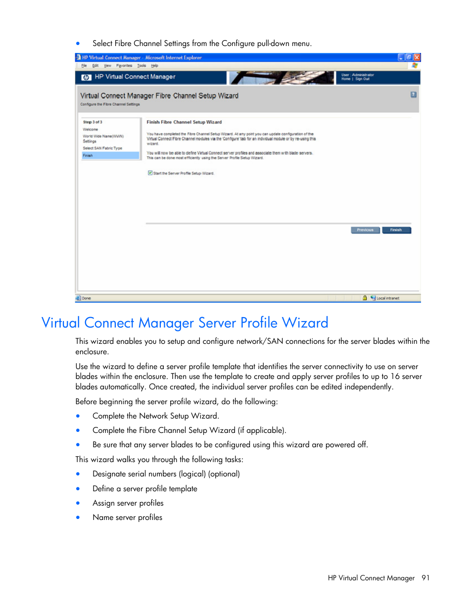 Virtual connect manager server profile wizard, Wizard, Virtual connect manager | Server profile wizard | HP Virtual Connect 1.10Gb-F Ethernet Module for c-Class BladeSystem User Manual | Page 91 / 242