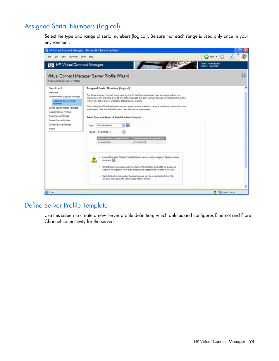 Assigned serial numbers (logical), Define server profile template | HP Virtual Connect 1.10Gb-F Ethernet Module for c-Class BladeSystem User Manual | Page 94 / 242