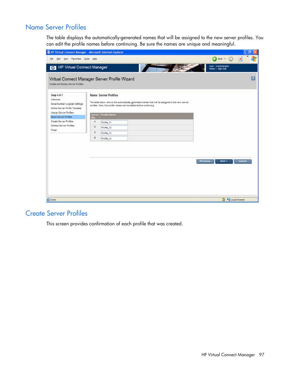 Name server profiles, Create server profiles | HP Virtual Connect 1.10Gb-F Ethernet Module for c-Class BladeSystem User Manual | Page 97 / 242