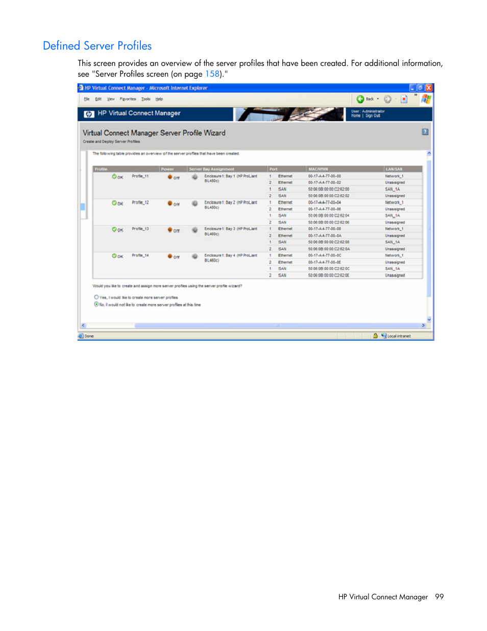 Defined server profiles | HP Virtual Connect 1.10Gb-F Ethernet Module for c-Class BladeSystem User Manual | Page 99 / 242