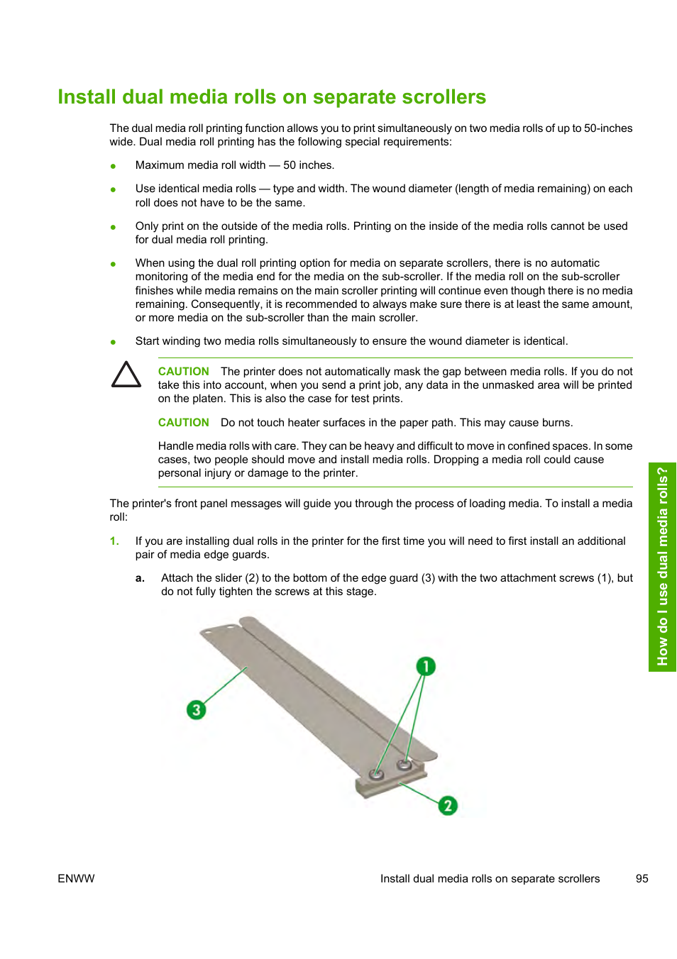 Install dual media rolls on separate scrollers | HP Designjet 10000s Printer series User Manual | Page 105 / 330