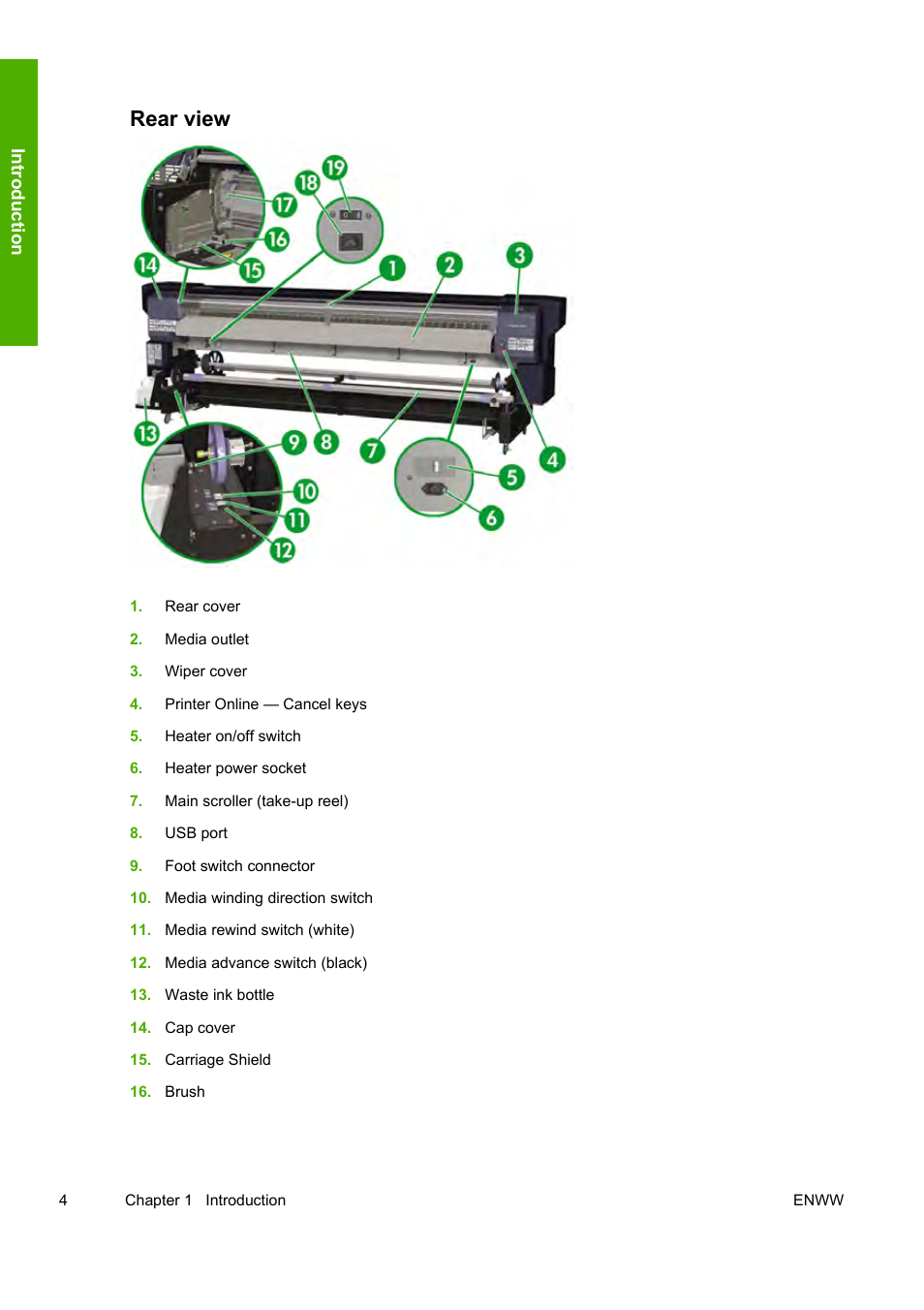 Rear view, Int rod uct ion | HP Designjet 10000s Printer series User Manual | Page 14 / 330