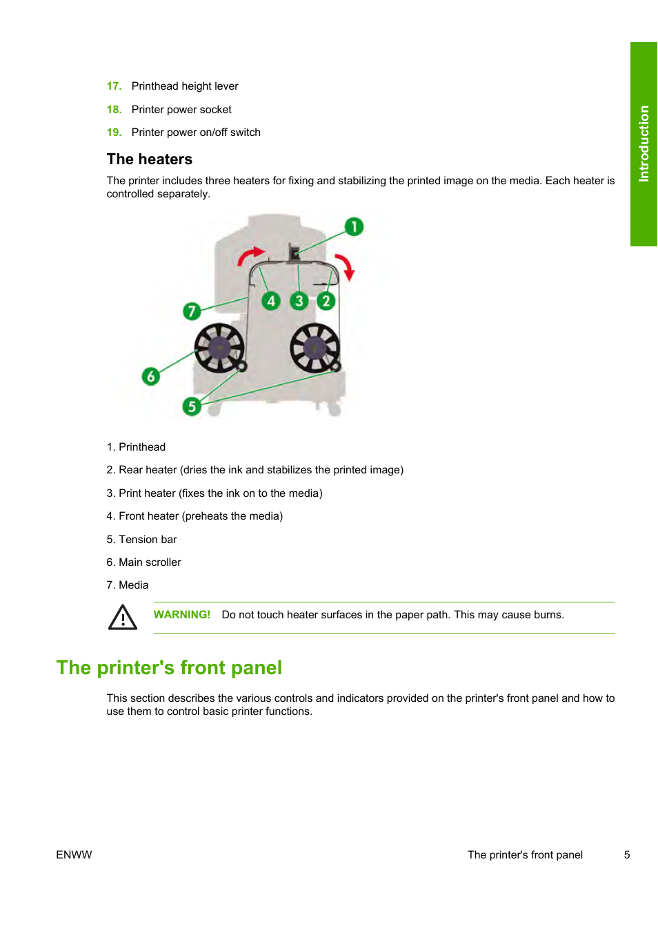 The printer's front panel, The heaters | HP Designjet 10000s Printer series User Manual | Page 15 / 330