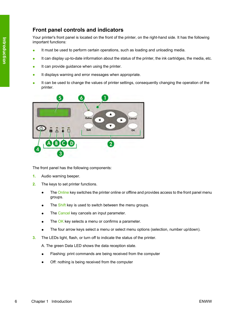 Front panel controls and indicators, Int rod uct ion | HP Designjet 10000s Printer series User Manual | Page 16 / 330