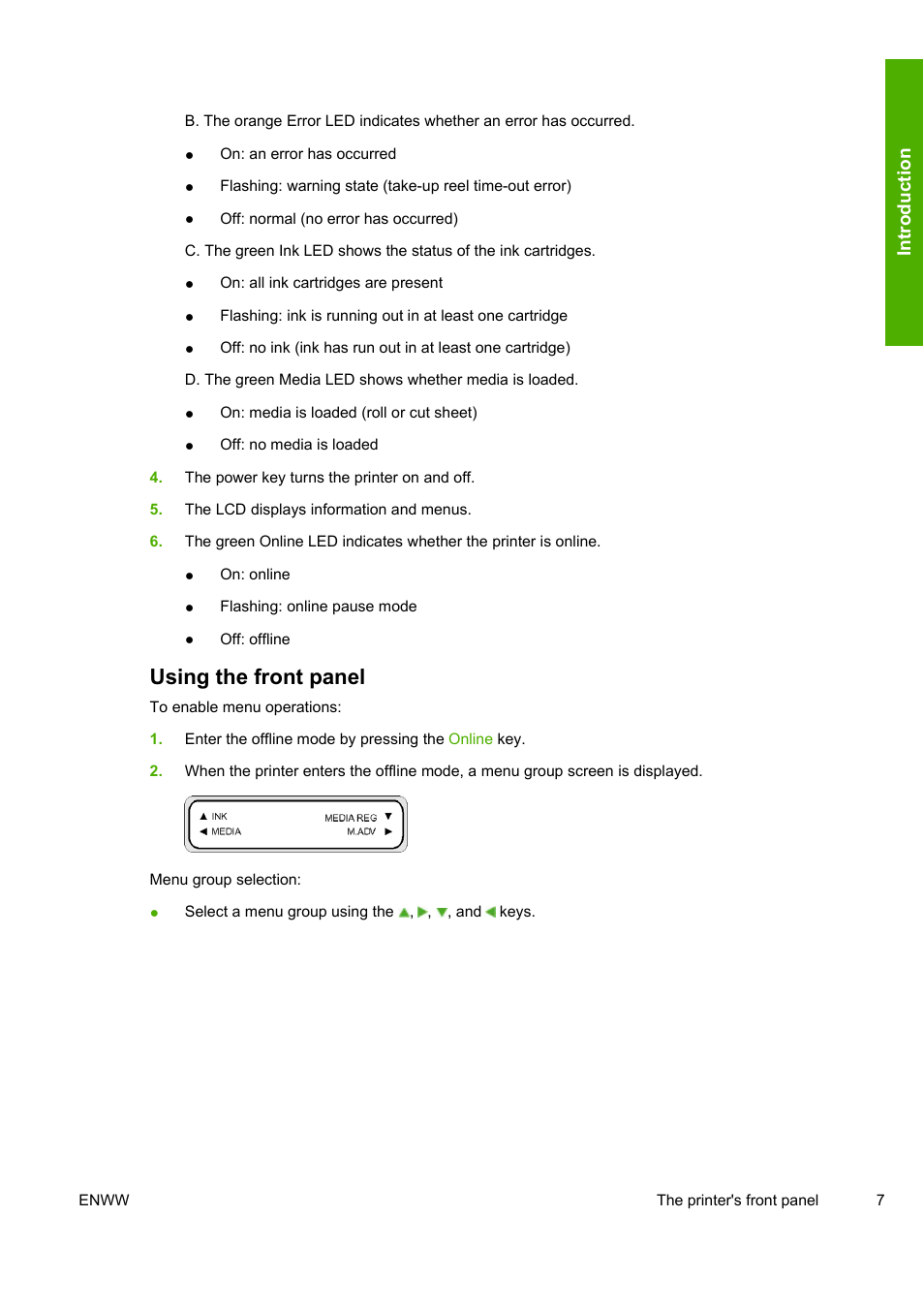 Using the front panel | HP Designjet 10000s Printer series User Manual | Page 17 / 330