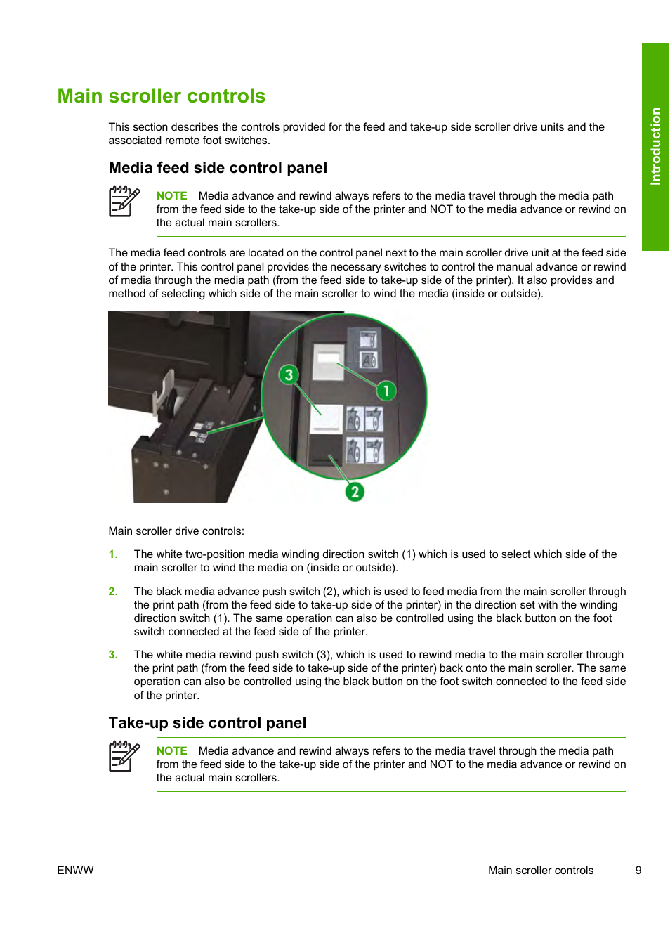 Main scroller controls, Media feed side control panel, Take-up side control panel | HP Designjet 10000s Printer series User Manual | Page 19 / 330