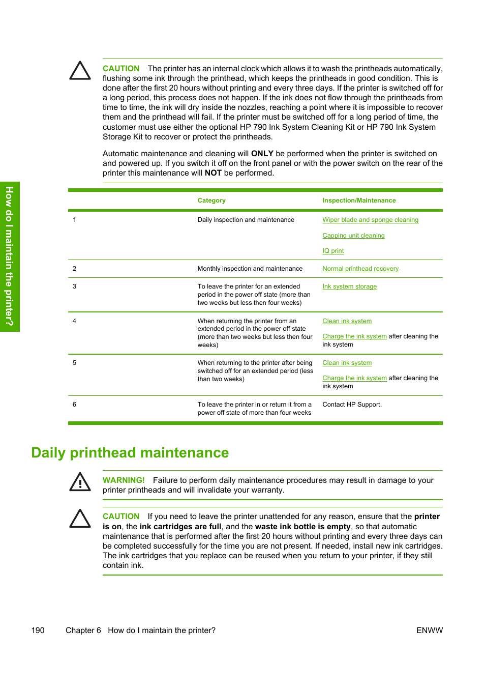 Daily printhead maintenance | HP Designjet 10000s Printer series User Manual | Page 200 / 330