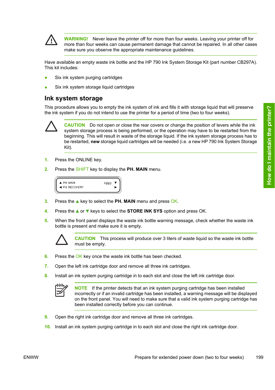Ink system storage | HP Designjet 10000s Printer series User Manual | Page 209 / 330