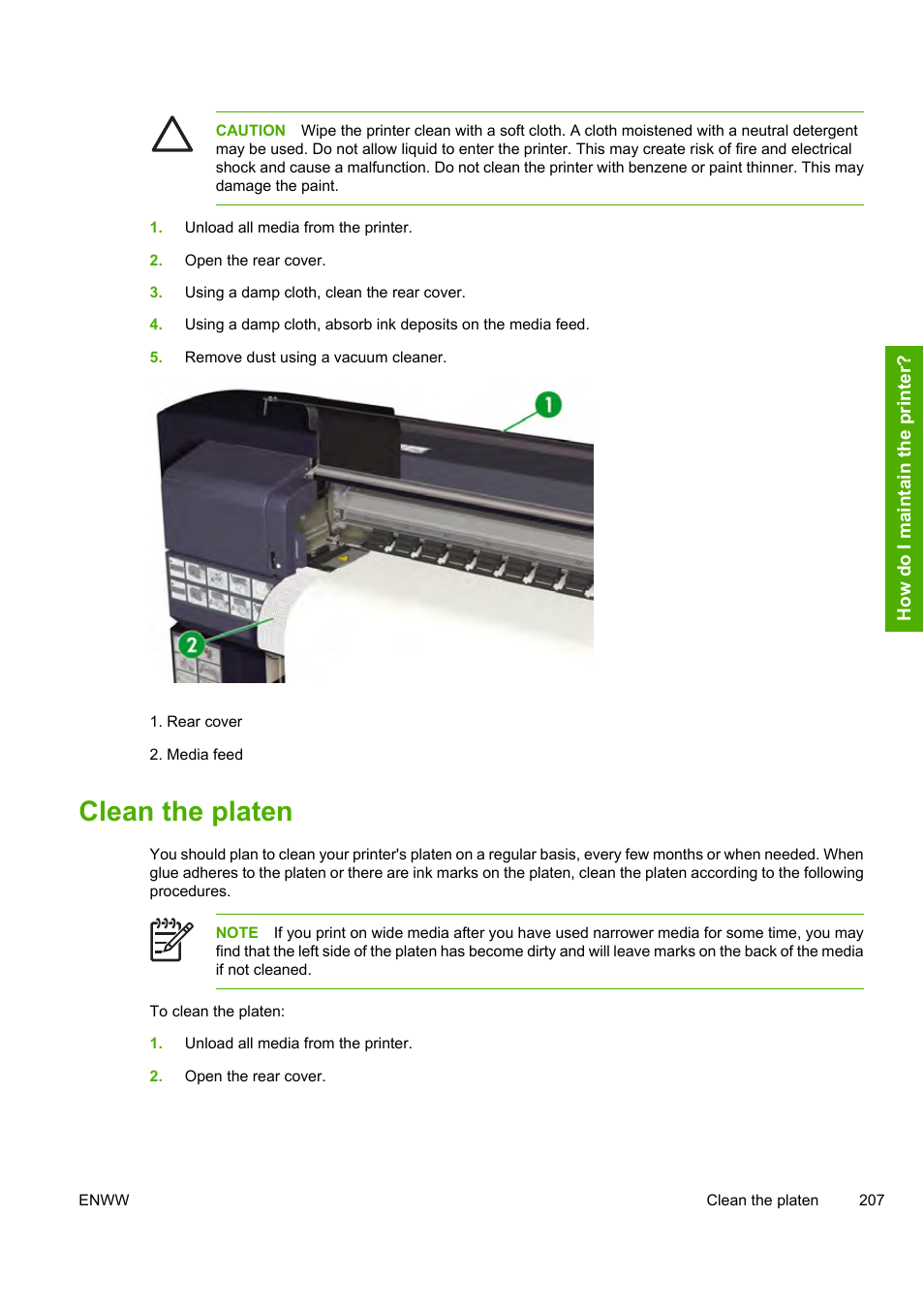 Clean the platen | HP Designjet 10000s Printer series User Manual | Page 217 / 330