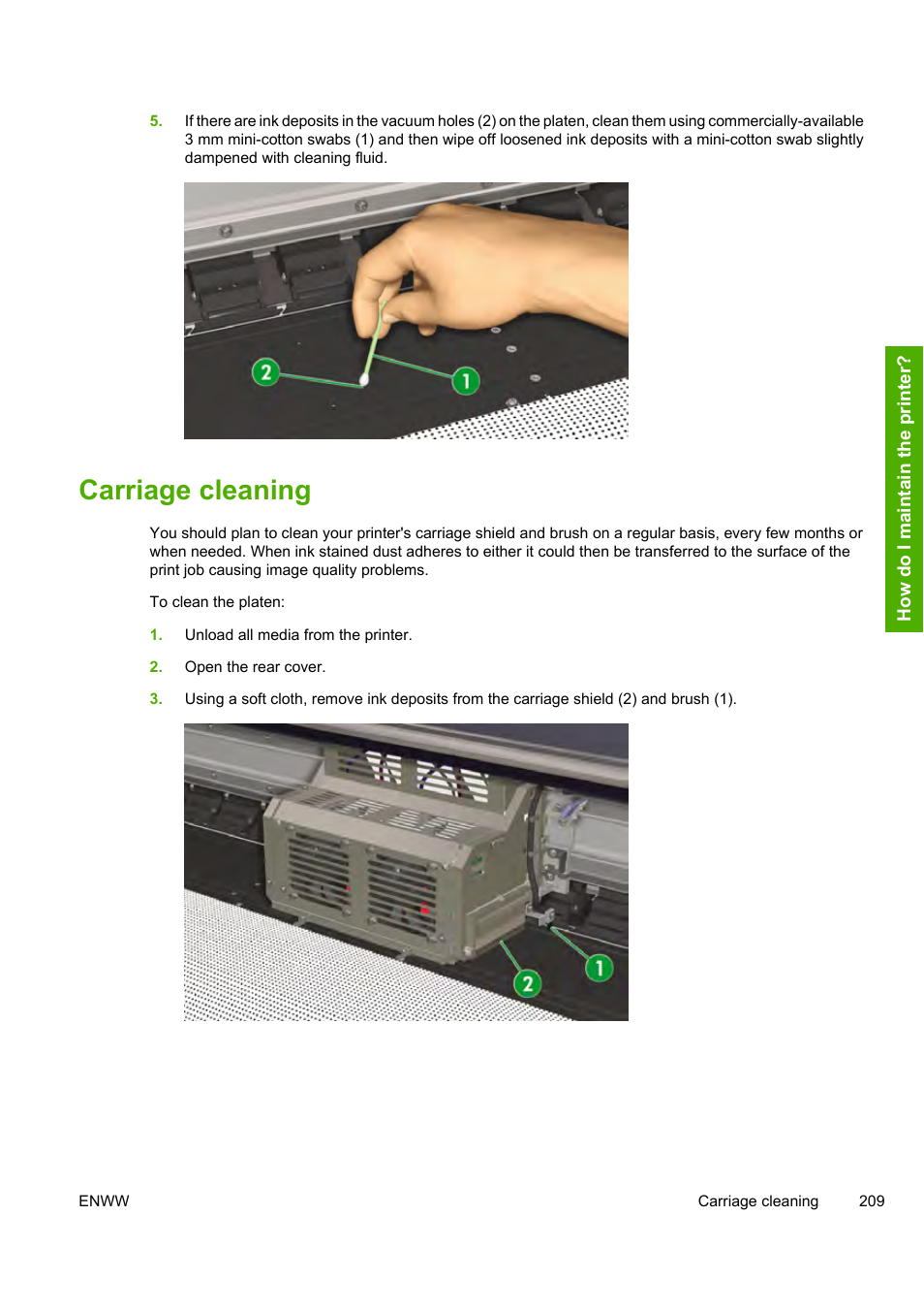 Carriage cleaning | HP Designjet 10000s Printer series User Manual | Page 219 / 330