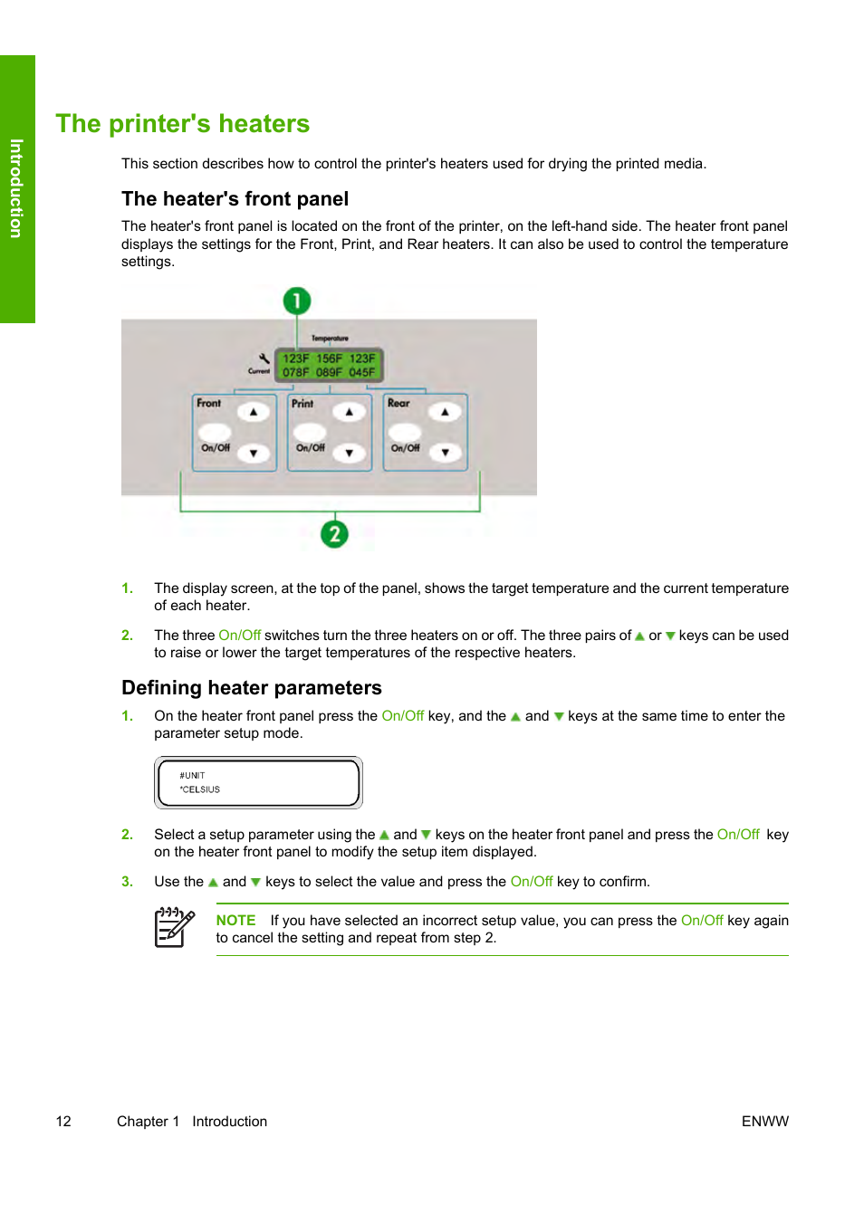 The printer's heaters, The heater's front panel, Defining heater parameters | HP Designjet 10000s Printer series User Manual | Page 22 / 330