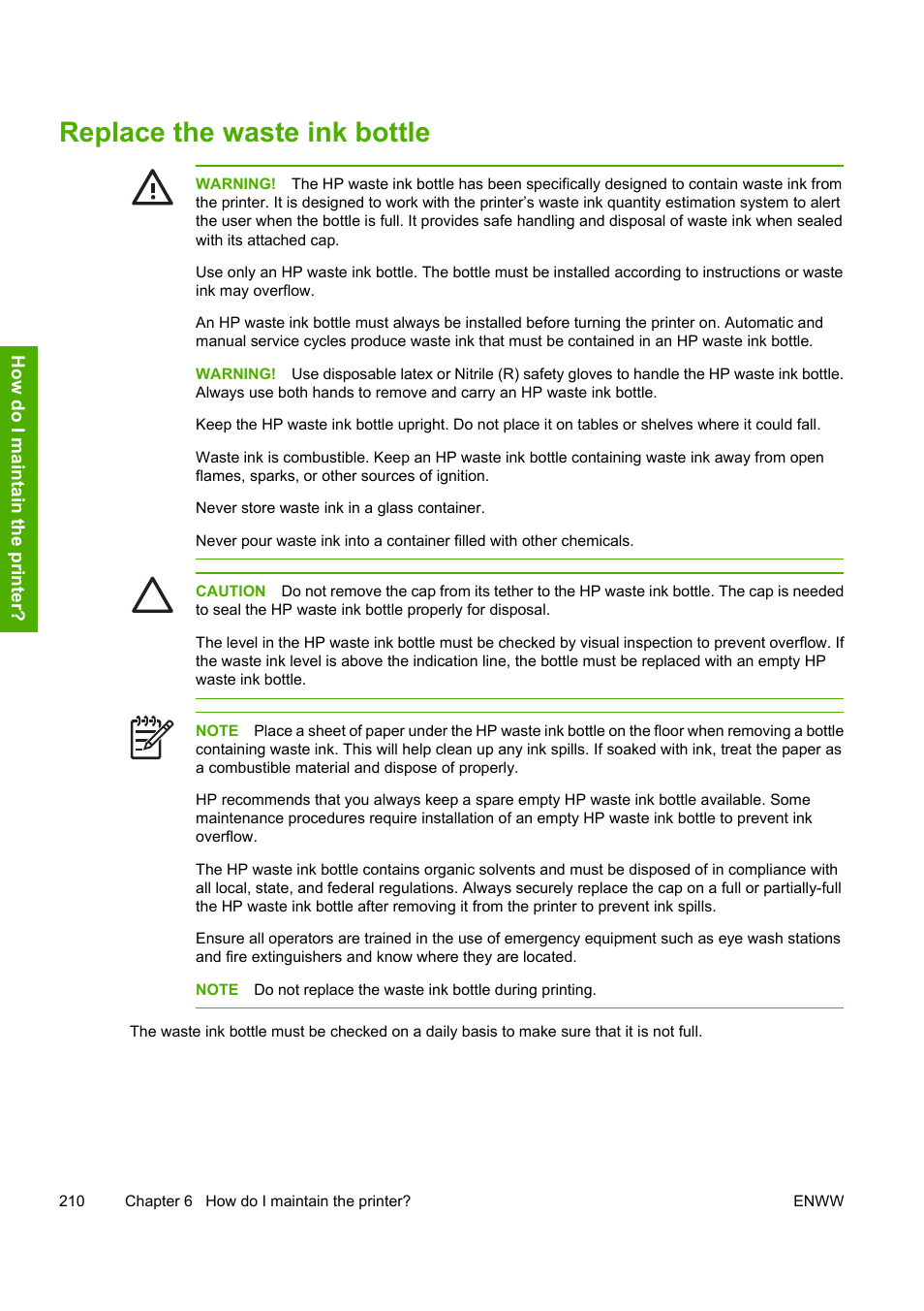 Replace the waste ink bottle | HP Designjet 10000s Printer series User Manual | Page 220 / 330