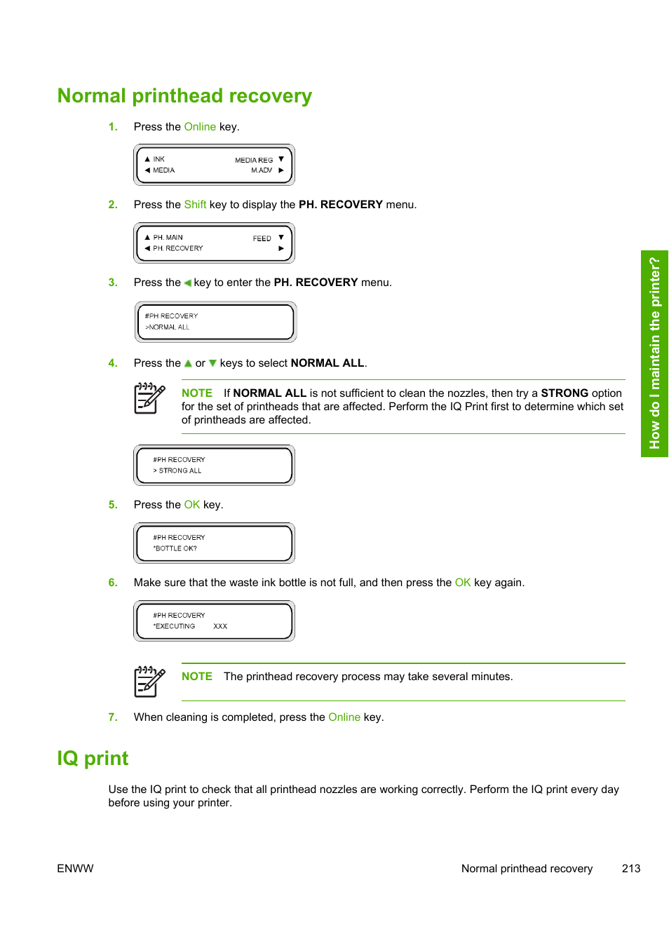 Normal printhead recovery, Iq print | HP Designjet 10000s Printer series User Manual | Page 223 / 330