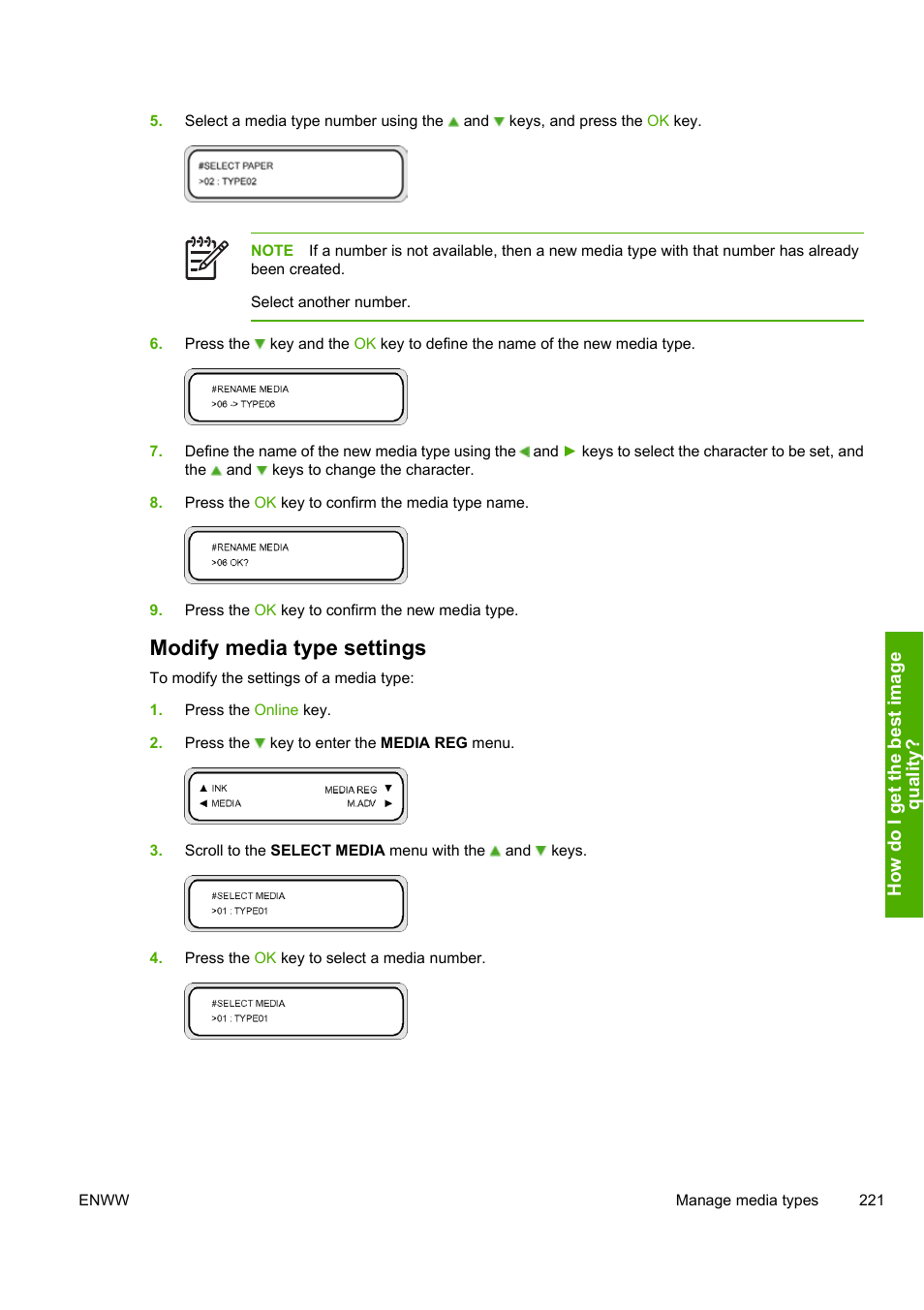 Modify media type settings | HP Designjet 10000s Printer series User Manual | Page 231 / 330
