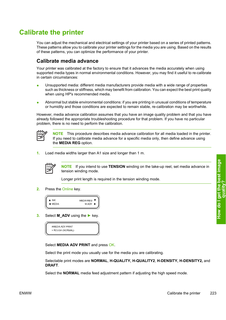 Calibrate the printer, Calibrate media advance | HP Designjet 10000s Printer series User Manual | Page 233 / 330