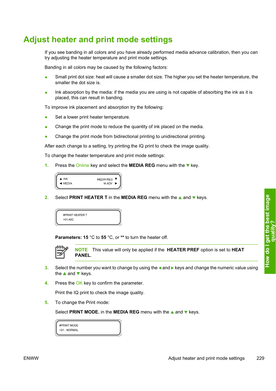 Adjust heater and print mode settings | HP Designjet 10000s Printer series User Manual | Page 239 / 330