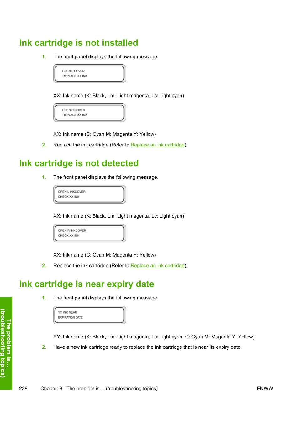 Ink cartridge is not installed, Ink cartridge is not detected, Ink cartridge is near expiry date | HP Designjet 10000s Printer series User Manual | Page 248 / 330