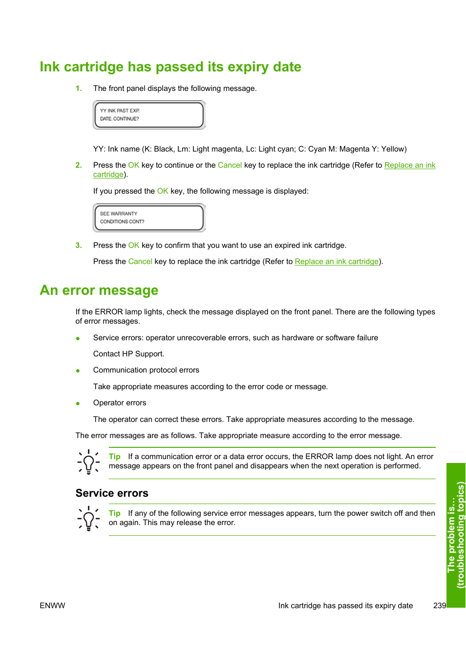Ink cartridge has passed its expiry date, An error message, Service errors | HP Designjet 10000s Printer series User Manual | Page 249 / 330