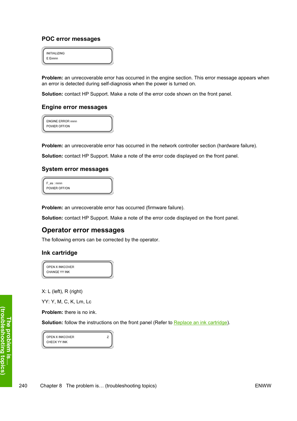 Operator error messages | HP Designjet 10000s Printer series User Manual | Page 250 / 330