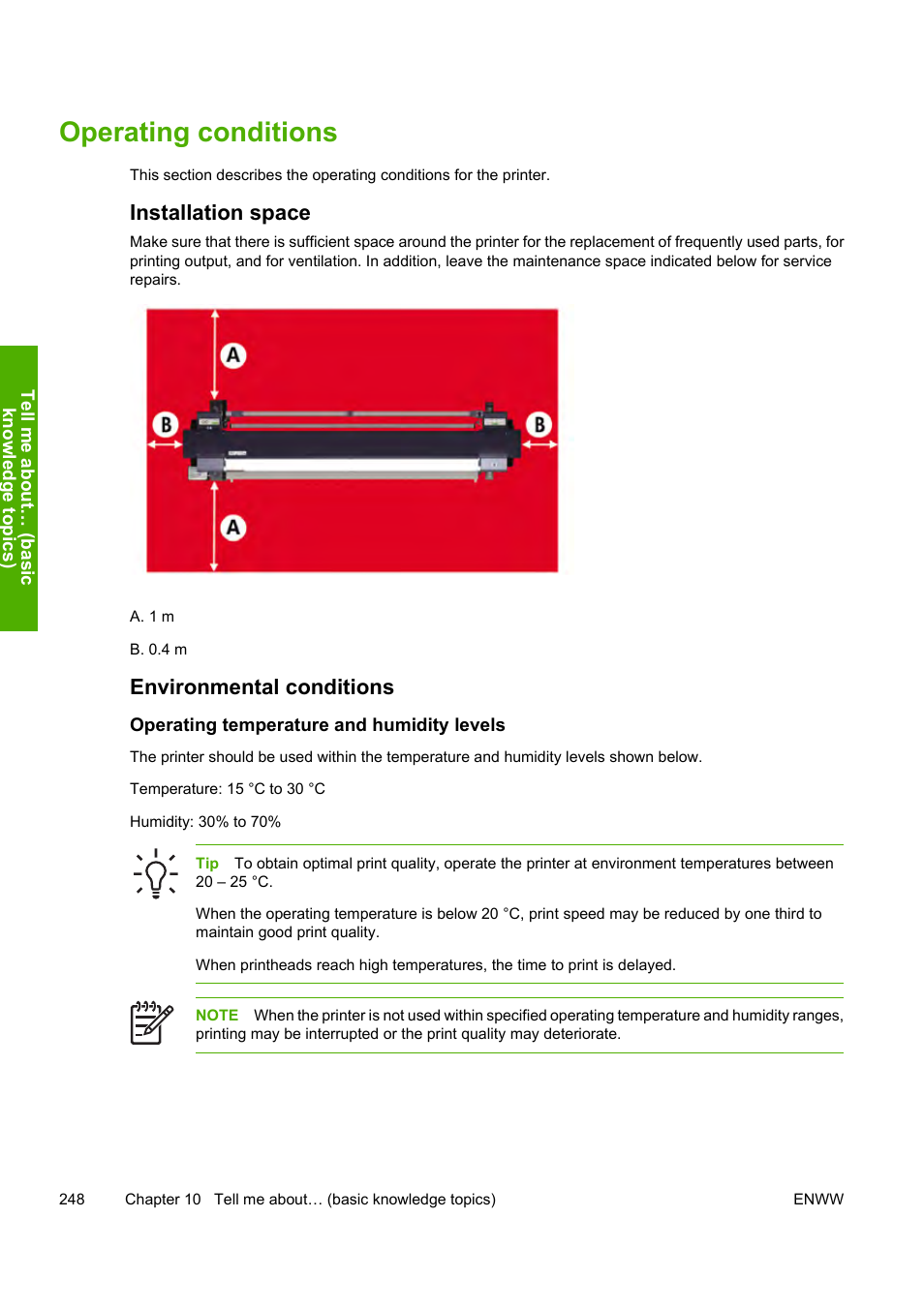 Operating conditions, Installation space, Environmental conditions | HP Designjet 10000s Printer series User Manual | Page 258 / 330