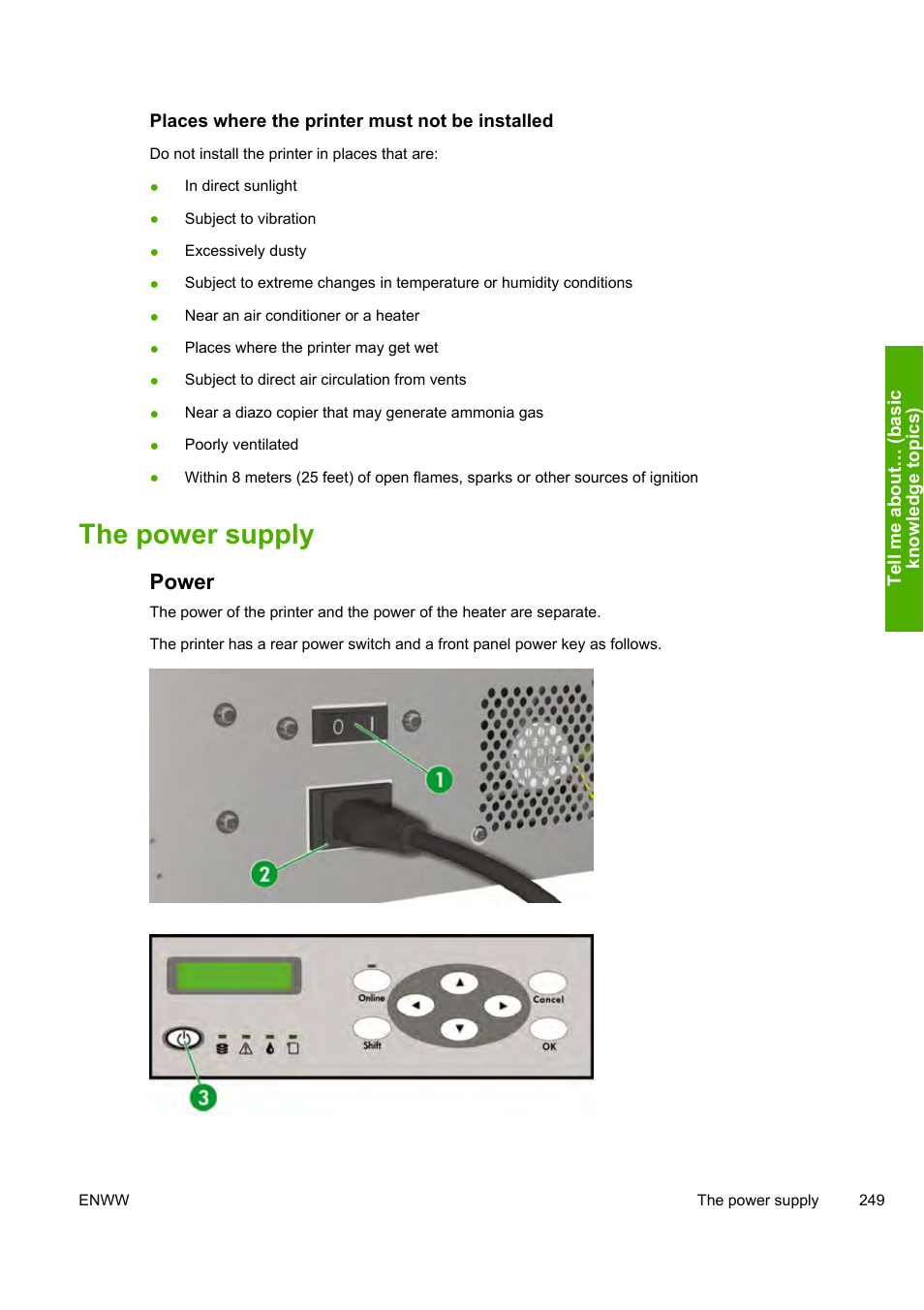 The power supply, Power | HP Designjet 10000s Printer series User Manual | Page 259 / 330