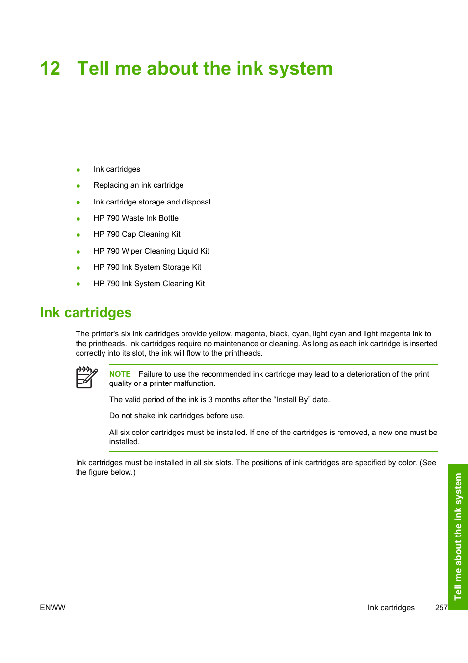 12 tell me about the ink system, Ink cartridges | HP Designjet 10000s Printer series User Manual | Page 267 / 330