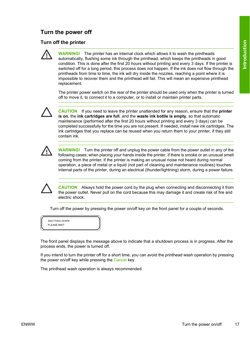 Turn the power off | HP Designjet 10000s Printer series User Manual | Page 27 / 330