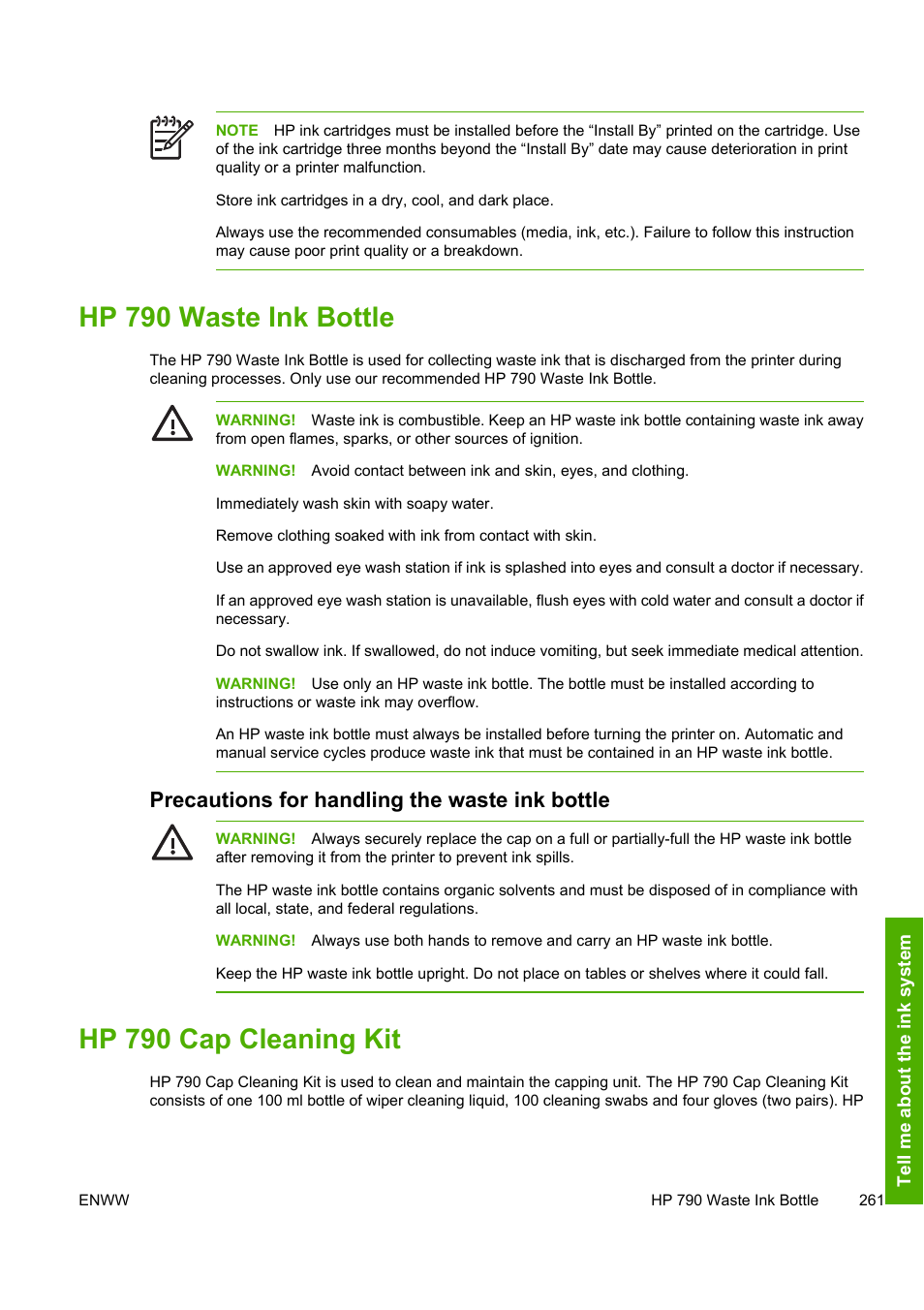 Hp 790 waste ink bottle, Hp 790 cap cleaning kit, Precautions for handling the waste ink bottle | HP Designjet 10000s Printer series User Manual | Page 271 / 330
