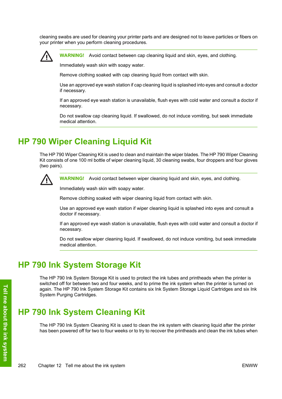 Hp 790 wiper cleaning liquid kit, Hp 790 ink system storage kit, Hp 790 ink system cleaning kit | HP Designjet 10000s Printer series User Manual | Page 272 / 330