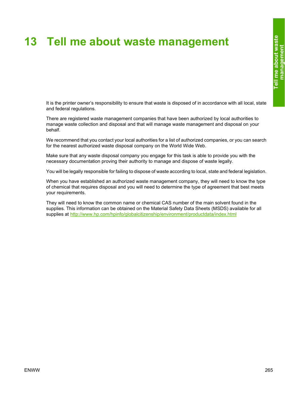 13 tell me about waste management | HP Designjet 10000s Printer series User Manual | Page 275 / 330