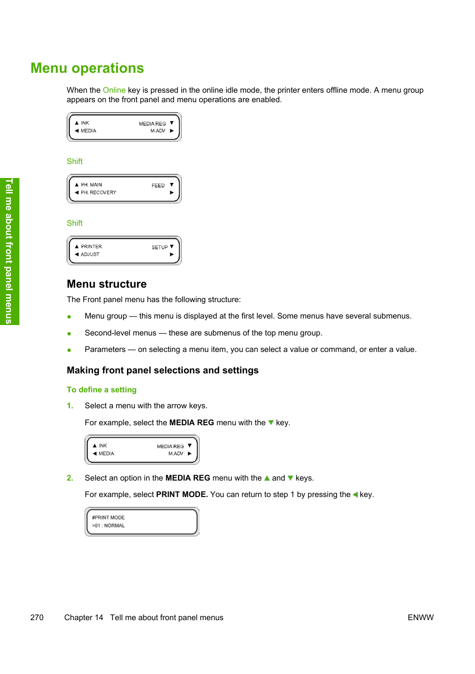 Menu operations, Menu structure | HP Designjet 10000s Printer series User Manual | Page 280 / 330