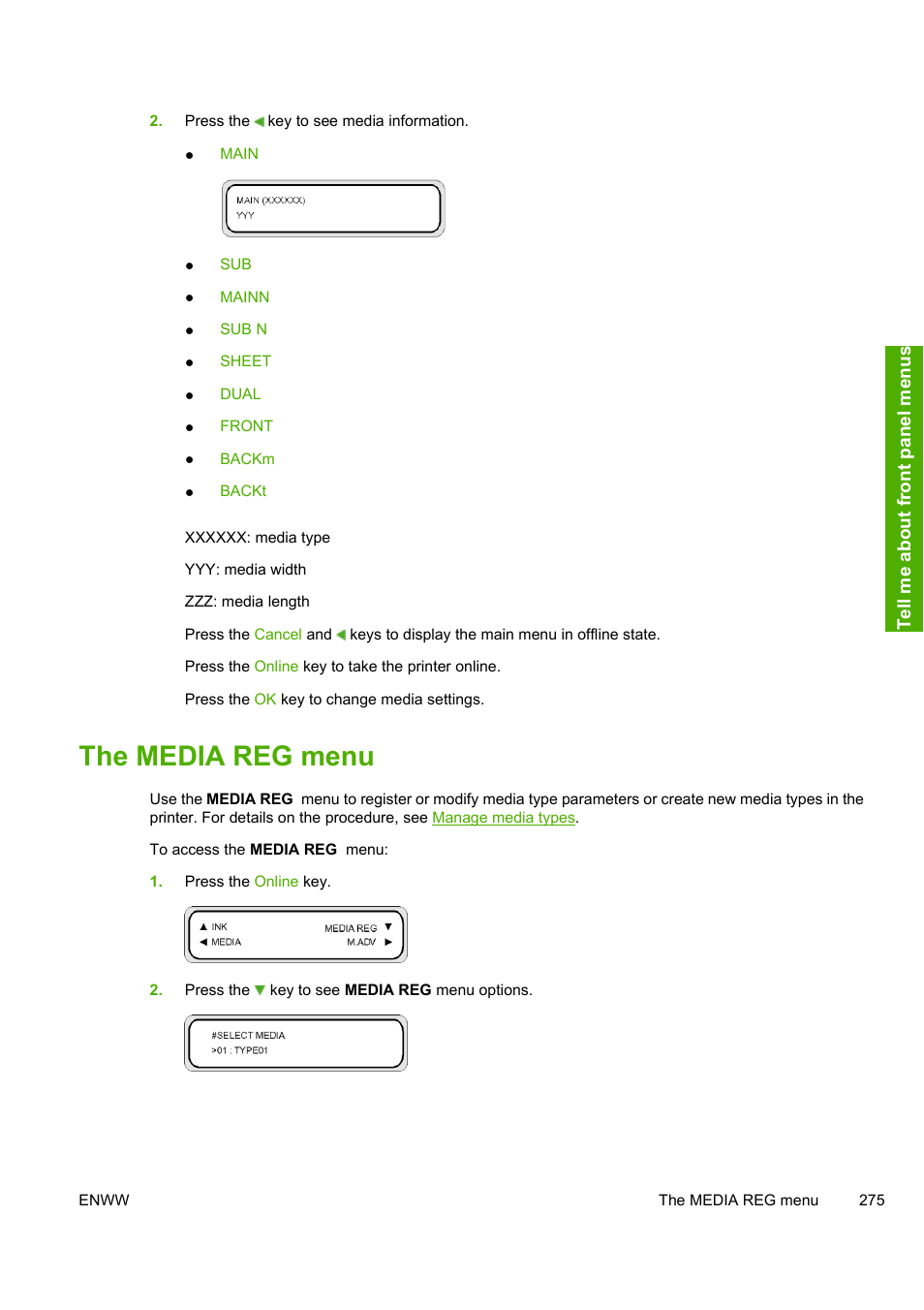 The media reg menu | HP Designjet 10000s Printer series User Manual | Page 285 / 330