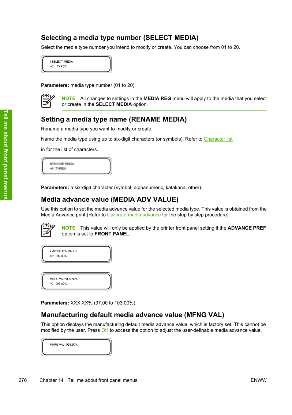 Selecting a media type number (select media), Setting a media type name (rename media), Media advance value (media adv value) | HP Designjet 10000s Printer series User Manual | Page 286 / 330
