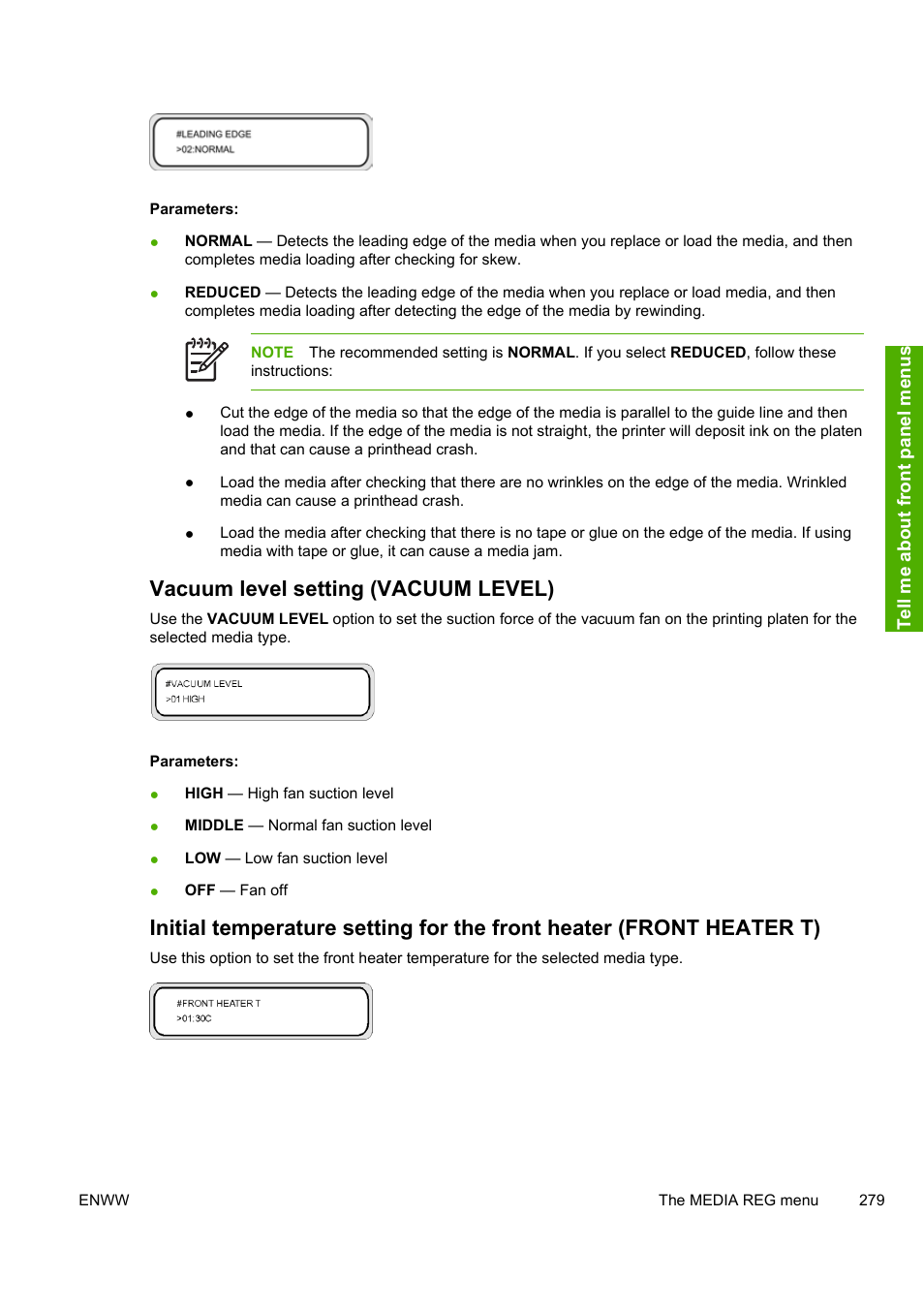 Vacuum level setting (vacuum level) | HP Designjet 10000s Printer series User Manual | Page 289 / 330