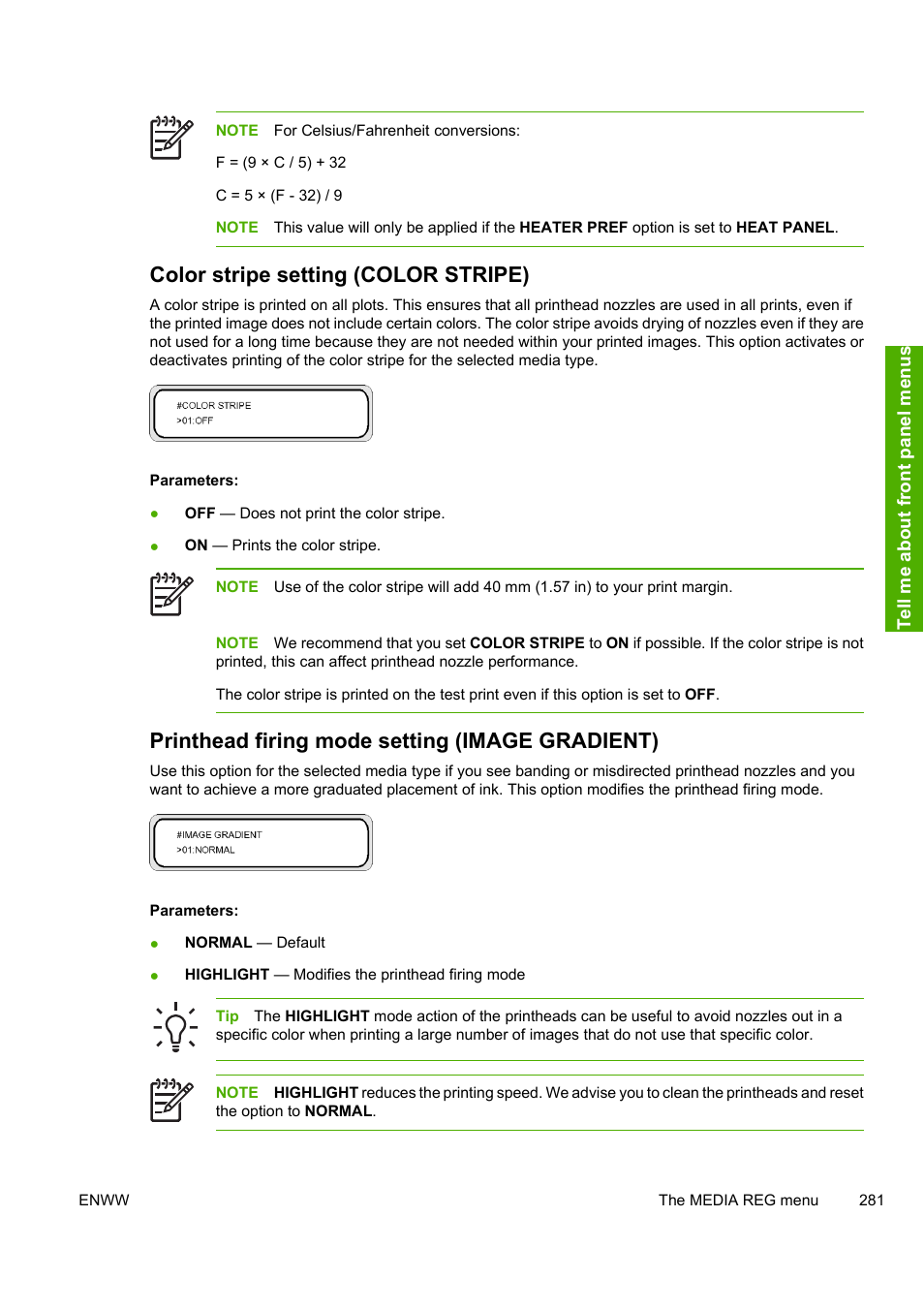 Color stripe setting (color stripe), Printhead firing mode setting (image gradient) | HP Designjet 10000s Printer series User Manual | Page 291 / 330