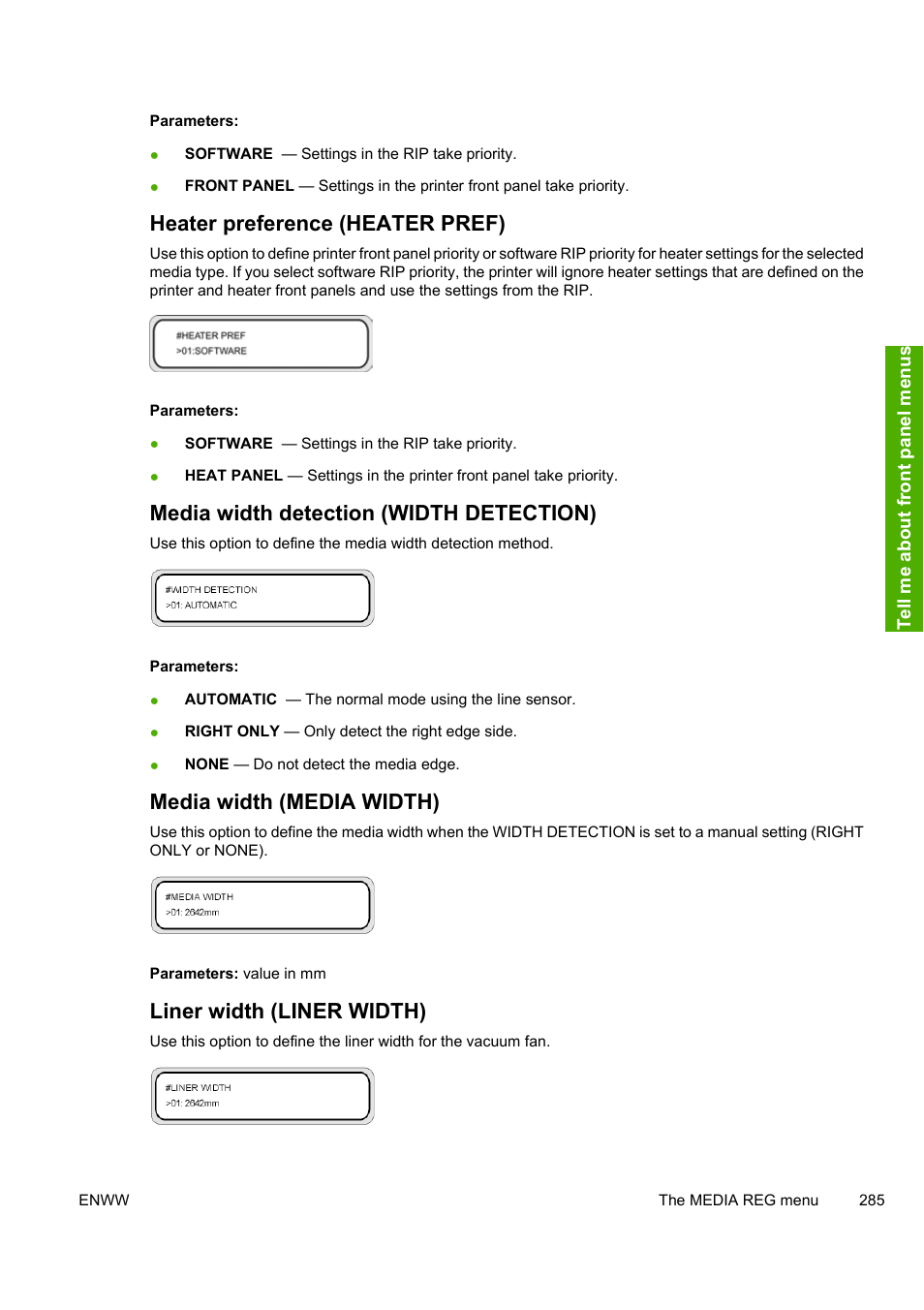 Heater preference (heater pref), Media width detection (width detection), Media width (media width) | Liner width (liner width) | HP Designjet 10000s Printer series User Manual | Page 295 / 330