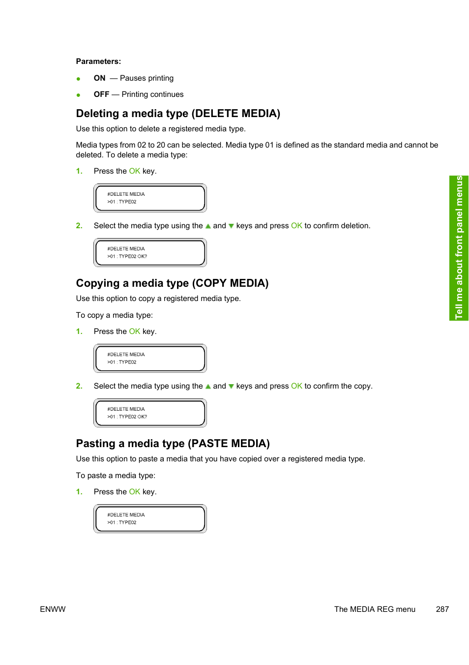 Deleting a media type (delete media), Copying a media type (copy media), Pasting a media type (paste media) | HP Designjet 10000s Printer series User Manual | Page 297 / 330