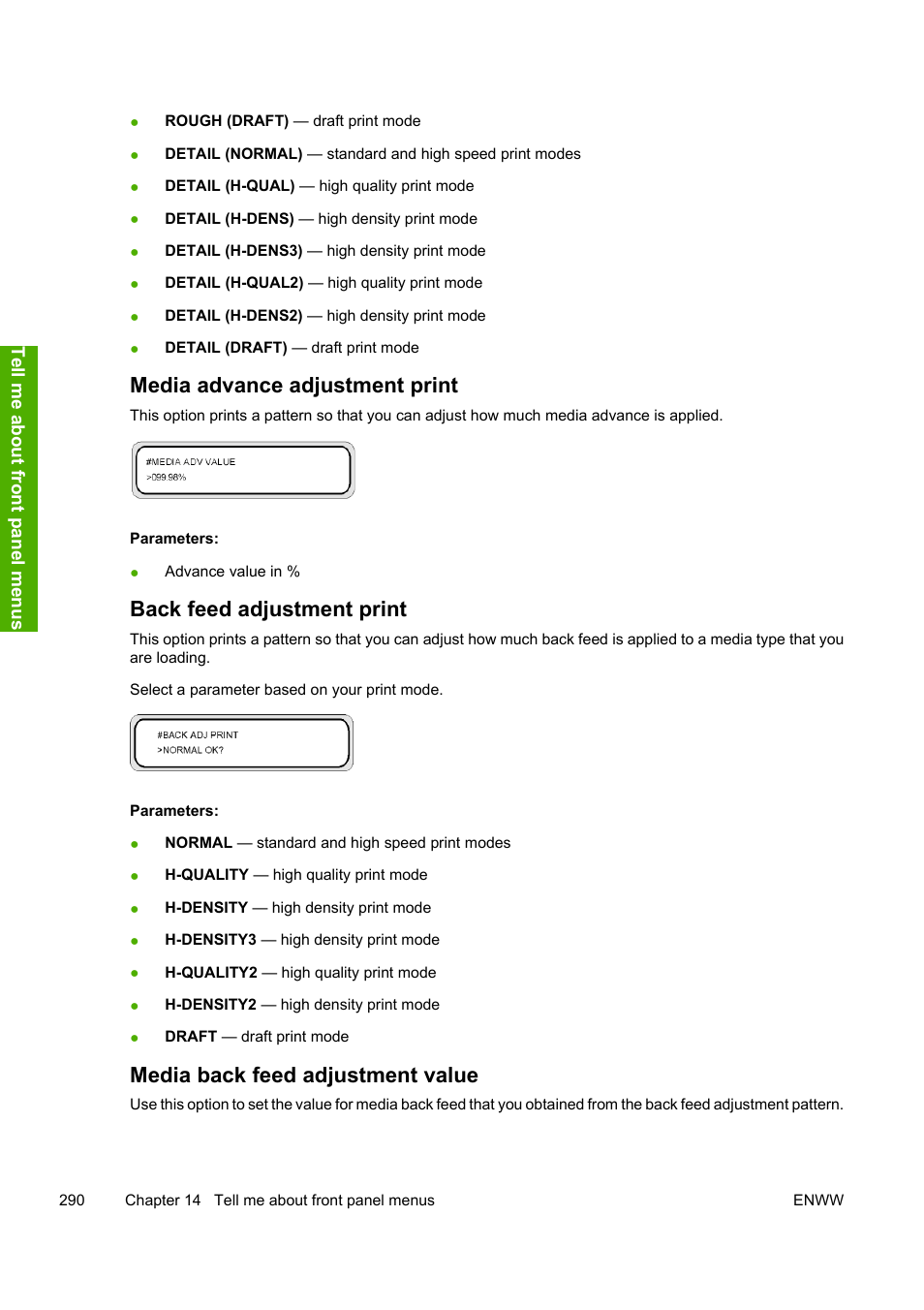Media advance adjustment print, Back feed adjustment print, Media back feed adjustment value | HP Designjet 10000s Printer series User Manual | Page 300 / 330