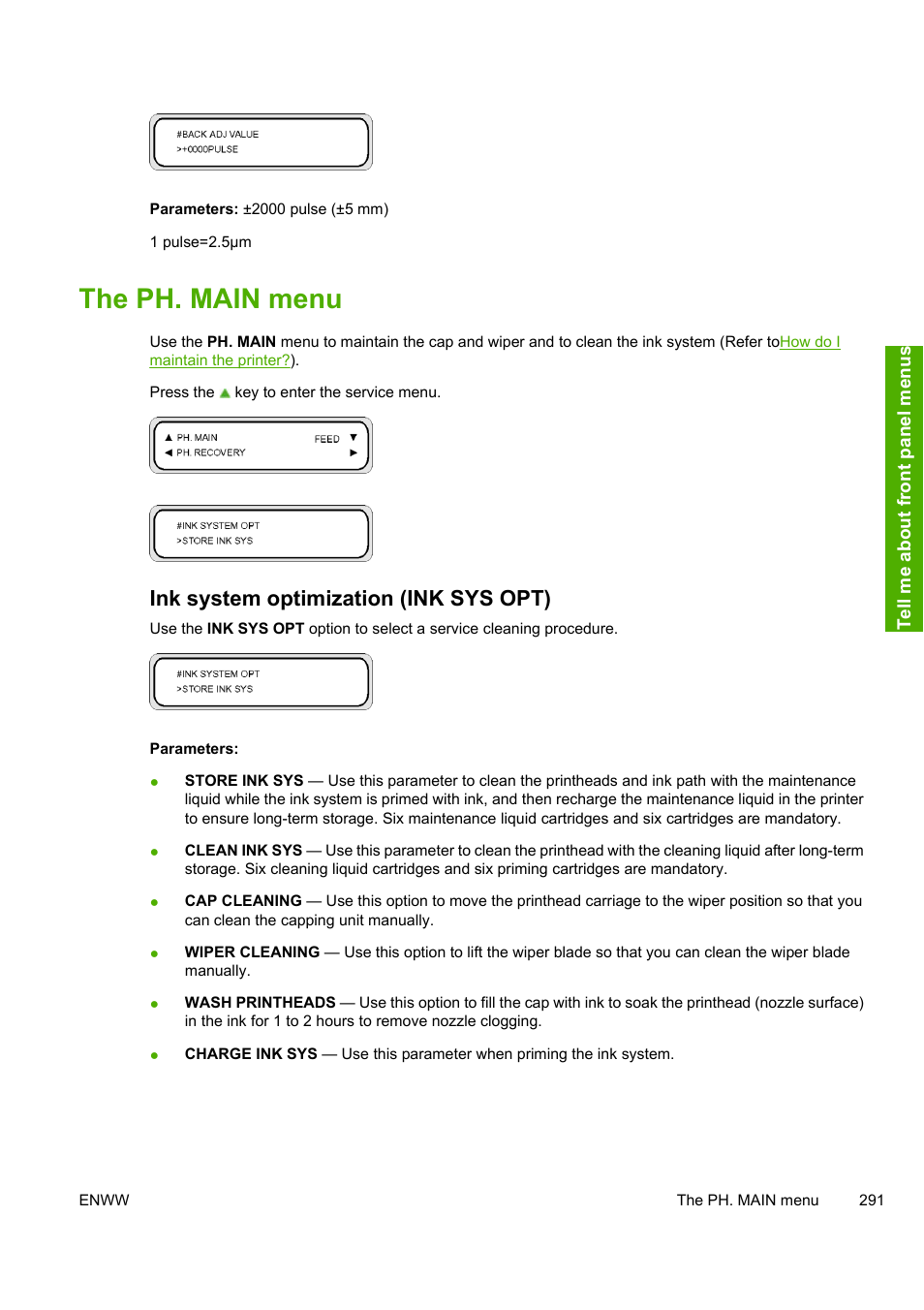 The ph. main menu, Ink system optimization (ink sys opt) | HP Designjet 10000s Printer series User Manual | Page 301 / 330