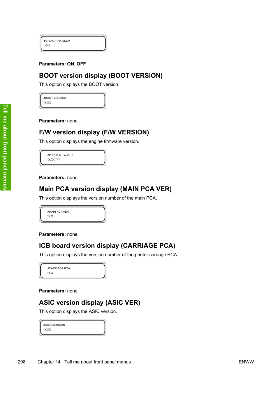 Boot version display (boot version), F/w version display (f/w version), Main pca version display (main pca ver) | Icb board version display (carriage pca), Asic version display (asic ver) | HP Designjet 10000s Printer series User Manual | Page 308 / 330